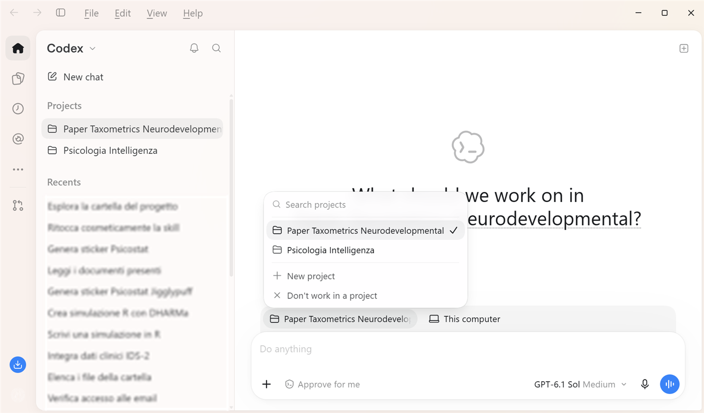 progetti nell'app Codex
