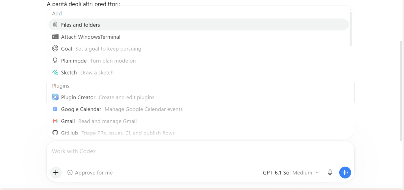 menu + nell'app Codex