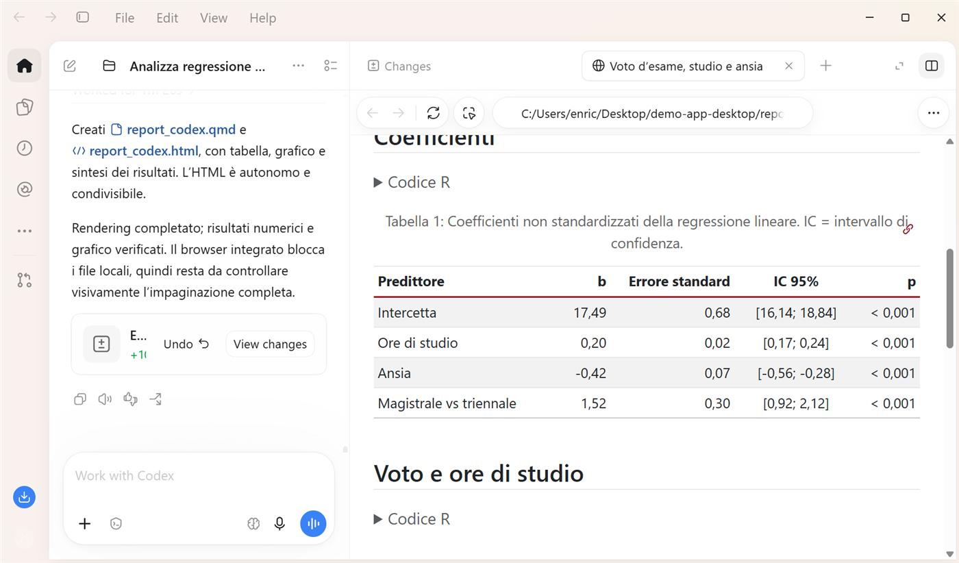 report nel browser integrato di Codex