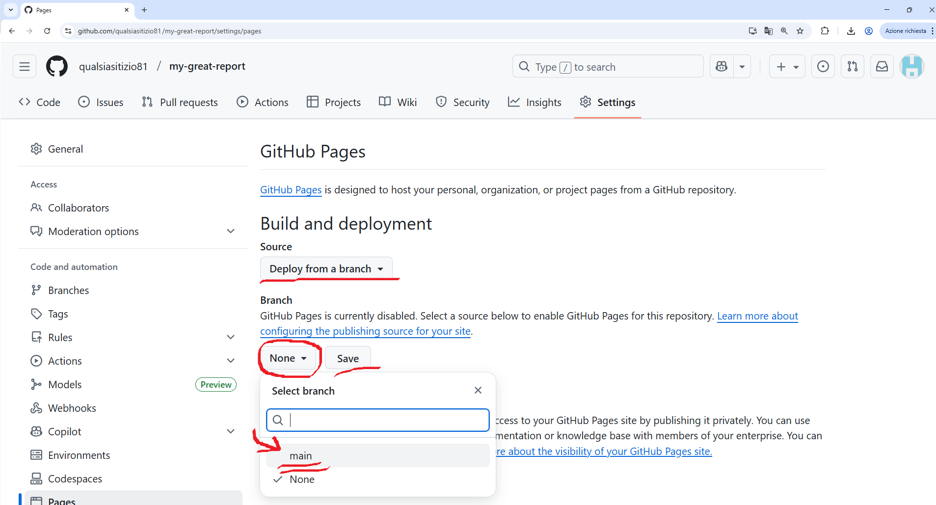 deploy from a branch - main