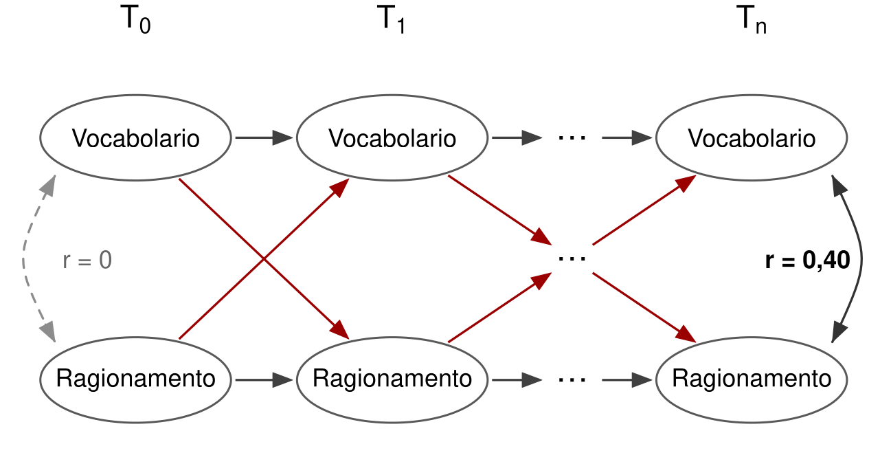 Due file di ovali nel tempo, nelle colonne T0, T1 e Tn, separate da puntini: vocabolario in alto e ragionamento in basso. Frecce grigie orizzontali collegano ogni abilità a sé stessa nel passo successivo; frecce rosse diagonali collegano ciascuna abilità all'altra nel passo successivo, anche attraverso i passi intermedi indicati dai puntini. A T0 una freccia curva doppia tratteggiata e grigia indica r = 0; a Tn una freccia curva doppia nera indica r = 0,40.
