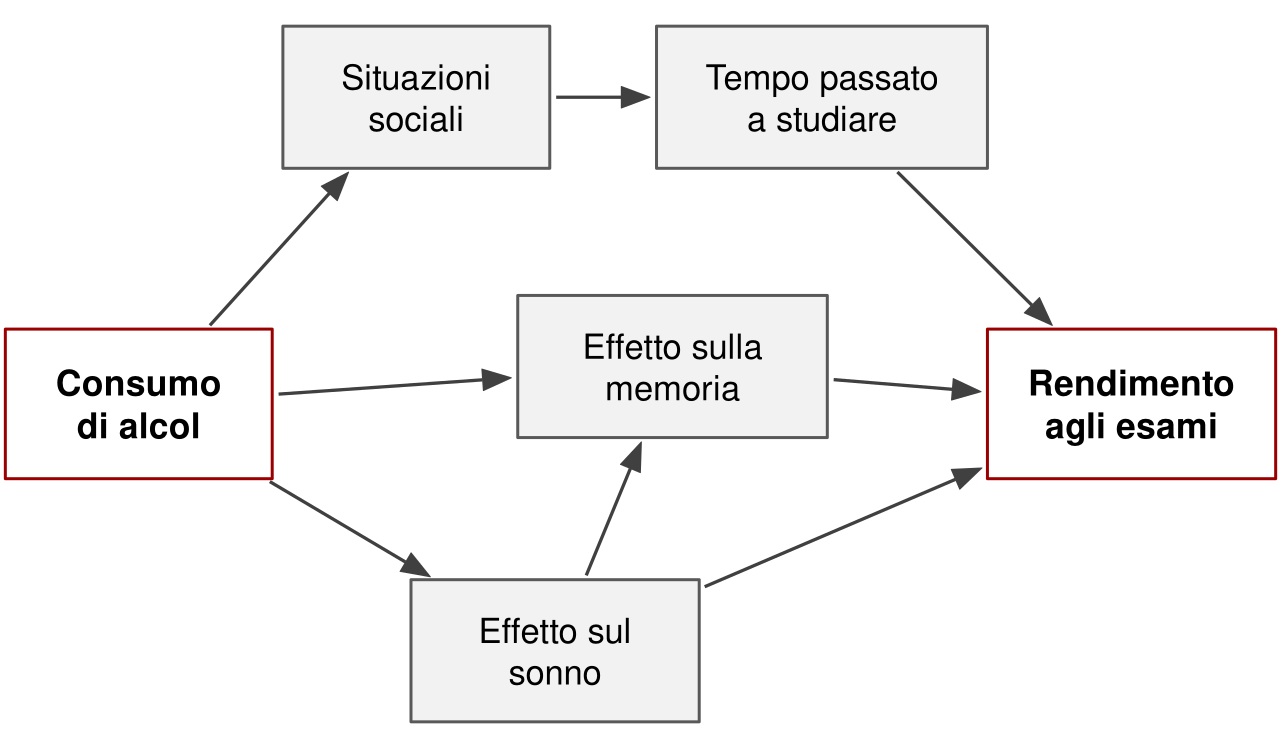 Schema a riquadri. Dal consumo di alcol, a sinistra, partono frecce verso situazioni sociali, effetto sulla memoria ed effetto sul sonno. Le situazioni sociali puntano al tempo passato a studiare, il sonno punta anche alla memoria, e tempo di studio, memoria e sonno puntano al rendimento agli esami, a destra.