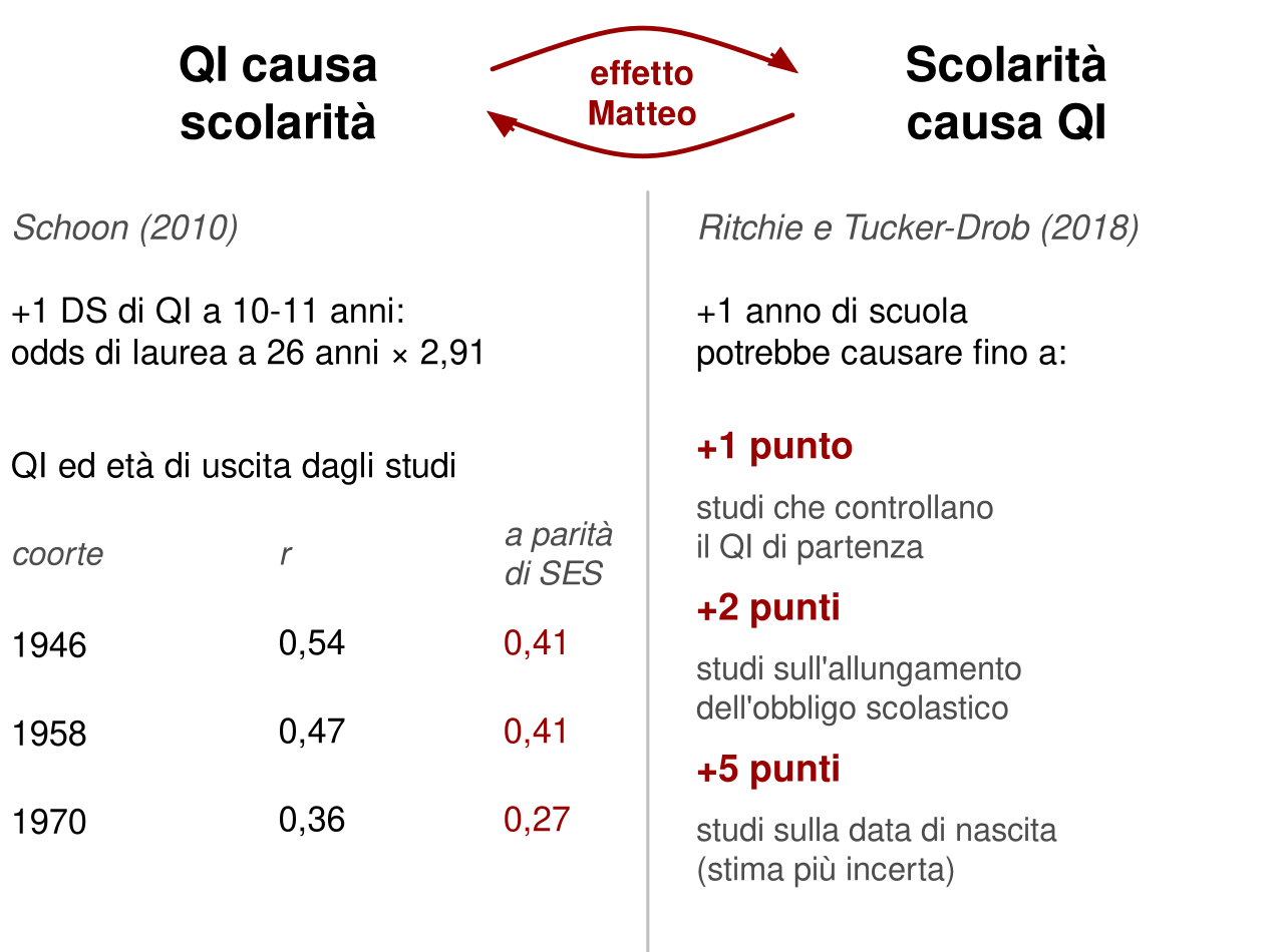 In alto, due titoli: «QI causa scolarità» e «scolarità causa QI», collegati da due frecce curve opposte con la scritta effetto Matteo. Sotto il primo titolo: più una deviazione standard di QI a 10-11 anni moltiplica per 2,91 le odds di laurea a 26 anni; correlazioni fra QI ed età di uscita dagli studi 0,54, 0,47 e 0,36 nelle coorti 1946, 1958 e 1970, che diventano 0,41, 0,41 e 0,27 a parità di status socioeconomico. Sotto il secondo titolo: un anno di scuola in più causa fino a 1 punto di QI negli studi che controllano il QI di partenza, 2 punti negli studi sull'allungamento dell'obbligo, 5 punti negli studi sulla data di nascita, stima più incerta.